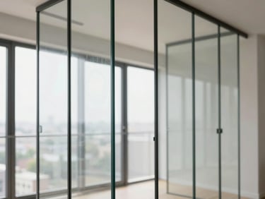 Architectural shot of a fluted glass partition dividing a modern minimalist apartment, soft natural light.