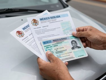 Hands holding Mexican insurance documents and vehicle registration on a car hood, overcast daylight, documentary close-up