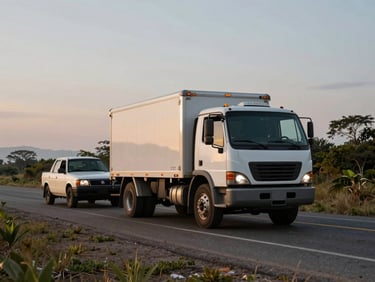 Tow truck on a rural Mexican highway at dusk assisting a stranded family vehicle, wide environmental shot, authentic lighting