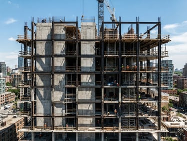 Wide shot of a modern building facade under construction, hard shadows, structural steel and monolithic concrete, 35mm lens, high-contrast natural light