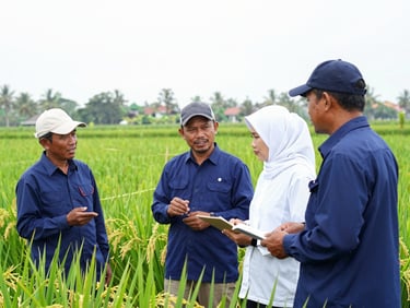 candid editorial photography, local Indonesian farmers in a bright green rice field discussing policy, natural daylight