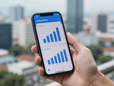 A close-up of a hand holding a smartphone displaying clean data charts, with Indonesian urban landscape blurred in the background, natural daylight
