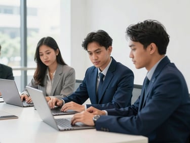 candid editorial photography, young Indonesian professionals sitting around a table with laptops in a bright modern office