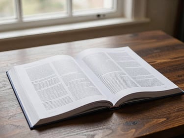 A clean flat-lay of an open academic journal on a dark wooden desk, soft library window light, shallow depth of field, sharp focus on structured text columns.