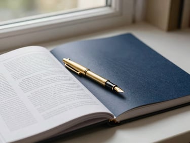 A clean, high-angle flat-lay of an open academic journal, a brass fountain pen resting on the page, soft natural library window light, shallow depth of field.