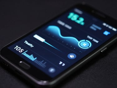 Macro shot of a sleek Android phone displaying a clean health dashboard UI with electric blue data visualizations, moody studio lighting