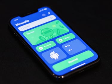 Angled perspective of an Android phone displaying an interactive learning app UI with vibrant blue and green elements, studio light