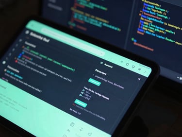 Close-up of an Android tablet showing a robust enterprise dashboard with mint green accents, code blocks in background, low-key lighting