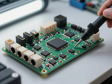Close-up of network router board with populated Ethernet switch ICs and magnetics, quality-check probe resting beside the board, bright overhead lighting, organized lab environment