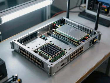 Overhead view of a partially assembled rack-mount router chassis on a clean assembly station, discrete port modules visible, bright overhead fluorescent lighting, documented workstation