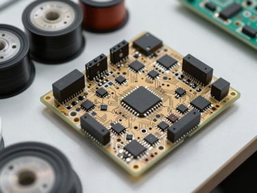 Close-up overhead view of bare PCB with IC placement markings, component reels staged beside the board, bright diffuse overhead lighting, organized production table