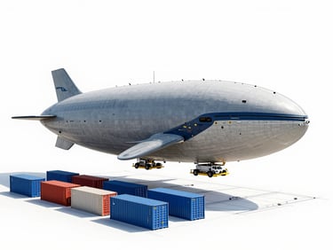 Technical blueprint rendering of the FLYING WHALES airship loading bay, showing the scale comparison with standard cargo container units, clean white background