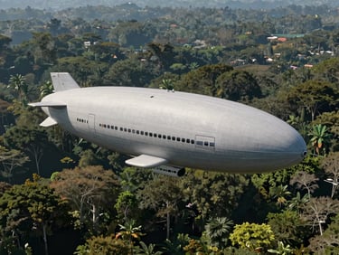Wide-angle technical render of the FLYING WHALES airship hovering over a dense Indonesian rainforest canopy, bright natural daylight, sharp engineering details visible on the hull
