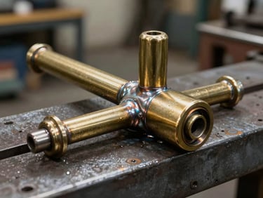 Primer plano de un herraje metálico personalizado con soldadura perfecta y acabado en bronce satinado en un taller de metalurgia.