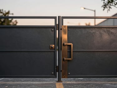 Custom minimalist pivot gate made of dark textured iron and bronze details, clean geometric lines, twilight lighting.