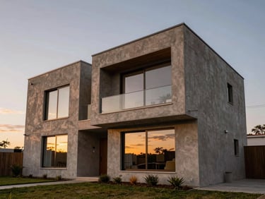 Vista exterior de una casa contemporánea de dos pisos en hormigón visto y grandes ventanales, atardecer dramático.
