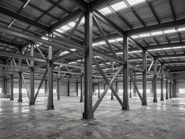 High-end commercial warehouse interior, exposed structural steel framing, raw concrete floor, stark geometric lines, high-contrast lighting