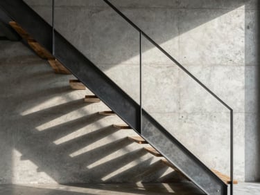 Floating minimalist steel staircase with cantilevered oak treads, dramatic side lighting casting geometric shadows on a raw concrete wall.