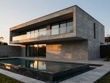 Wide architectural elevation of a modern two-story concrete house, geometric pool lines, deep charcoal shadows, golden hour