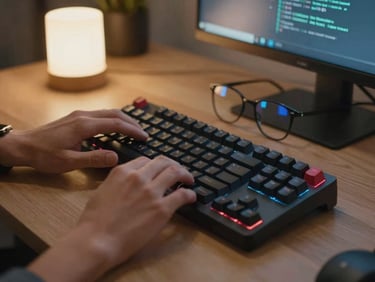 Developer's hands on a mechanical keyboard, lines of code reflected faintly on glasses, warm desk lamp light, monitor glow in background