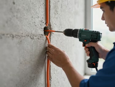 Electrician's hands routing orange conduit cable through a concrete wall, drill visible to the right, overcast daylight from a nearby window