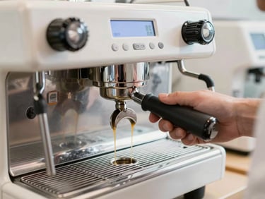 Trainee operating a commercial espresso machine under bright white lighting, focusing on the extraction flow