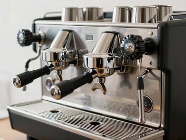 Close-up shot of a professional dual-boiler espresso machine gleaming under clean high-key studio lighting, steam wand active, organized metal cups on top.