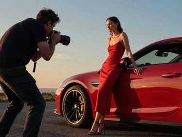 Dynamic low-angle action shot of a photographer capturing a model posing next to a luxury car, dramatic outdoor golden hour lighting, 35mm