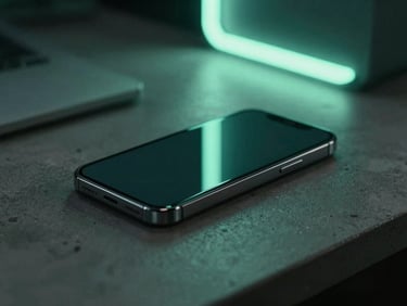Close-up of a modern smartphone resting on a dark concrete desk, a soft mint-colored neon notification light glowing in the background, moody studio lighting