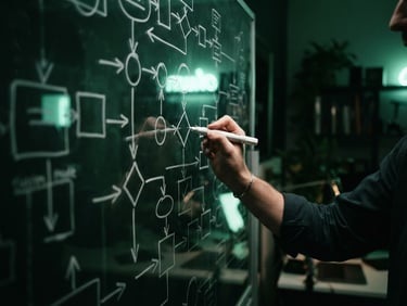 Close-up of hands sketching a clean workflow diagram on a glass whiteboard, moody studio lighting, soft green neon reflections, sharp 35mm lens