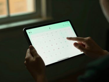 Hands interacting with a sleek tablet displaying a clean calendar dashboard, warm ambient window light mixing with subtle mint highlights
