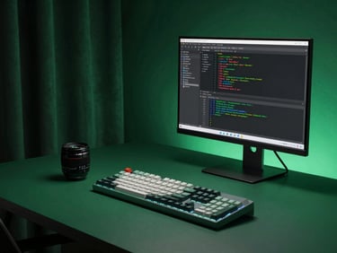 An organized workspace with a mechanical keyboard and a monitor showing code and system integrations, deep forest green shadows, sharp 35mm lens