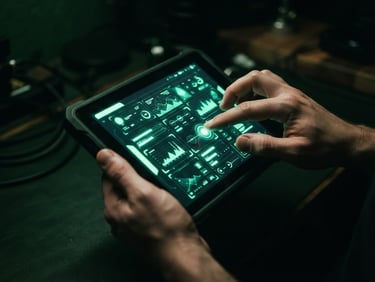 Moody environmental close-up of a high-contrast system dashboard on a tablet screen, glowing mint neon interface elements casting green light on hands, dark studio background, sharp 35mm lens