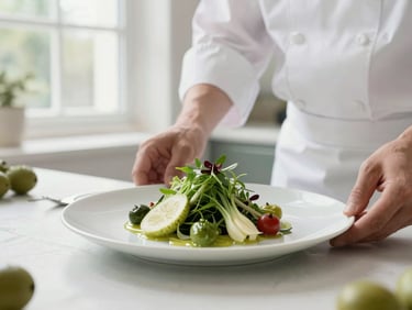 A chef in a clean white uniform artfully plating fresh ingredients, bright airy kitchen with window light