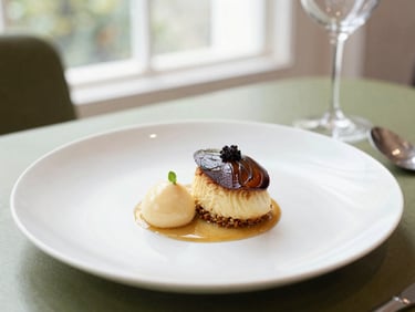 Artfully plated gourmet dessert on a minimal ceramic plate, soft lighting, elegant fine dining setup