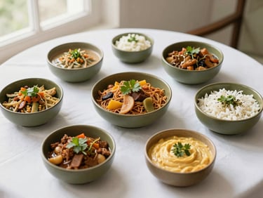Overhead flat-lay of beautifully arranged Indian buffet dishes, soft natural light, clean white tablecloth, elegant presentation