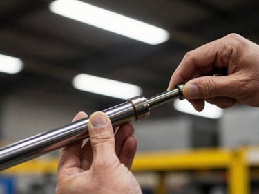 Macro shot of a technician's hands installing a high-pressure hydraulic seal on a chrome cylinder rod, realistic warehouse overheads, 35mm