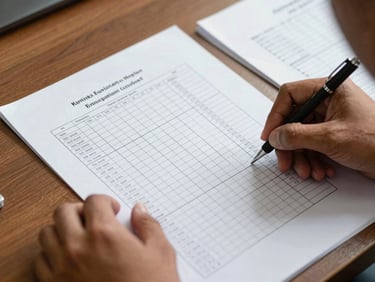 A close-up of hands systematically organizing official Karnataka higher education counseling documents and seat matrix charts on a wooden desk.