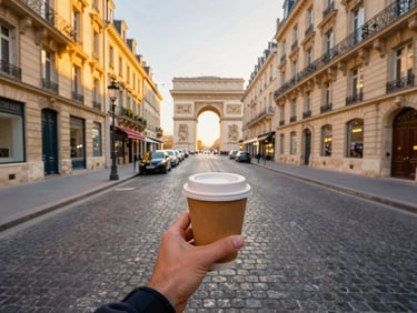 First-person perspective of a traveler holding a warm coffee looking at a classic Parisian street during golden hour.