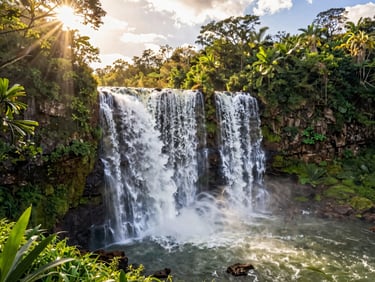 Wide-angle scenic shot of a pristine waterfall in Bonito Brazil, lush green vegetation, sun rays filtering through trees.