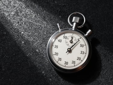 Close-up overhead view of a stopwatch face on a charcoal gym floor, single shaft of studio light cutting across the frame, strong shadow on one side