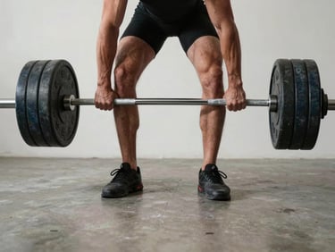 Athlete mid-deadlift in a clean studio, feet planted on bare concrete, studio strobe from above, form detail visible from the hips down