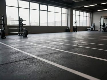 Wide angle of a clean empty gym floor, parallel chalk lines, barbell racked to the left, flat north-facing window light filling the space