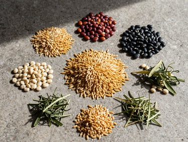 Overhead close-up of whole ingredients — grains, legumes, herbs — arranged on a matte stone surface under flat north-facing daylight, no bowl, raw prep