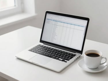 A clean minimalist desk in Finland with bright natural overcast light, a laptop displaying a neat spreadsheet, and a cup of black coffee, 35mm photography