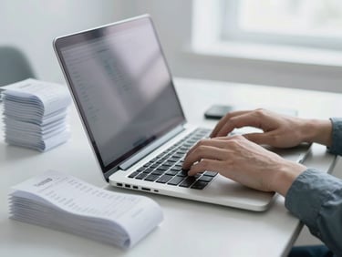 Close-up of hands typing on a laptop keyboard next to organized stacks of receipts on a white desk, cool Nordic overcast daylight, sharp focus
