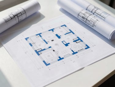 Top-down view of architectural blueprints on a clean white desk, sharp shadows, blueprint blue accents