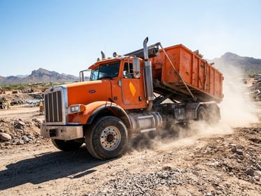 Low-angle heroic shot of a safety-orange roll-off dumpster truck under harsh bright Arizona midday sun, metallic textures, dust kicking up, wide-angle lens