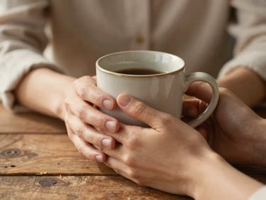 Close-up of hands holding a warm ceramic mug on a rustic wooden table, soft morning light, cozy and calm therapeutic atmosphere.
