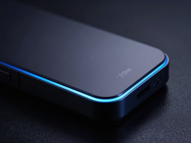 Sleek dark-mode technology photography, macro shot of high-end consumer hardware with cool blue rim lights, deep shadows, high contrast, 35mm